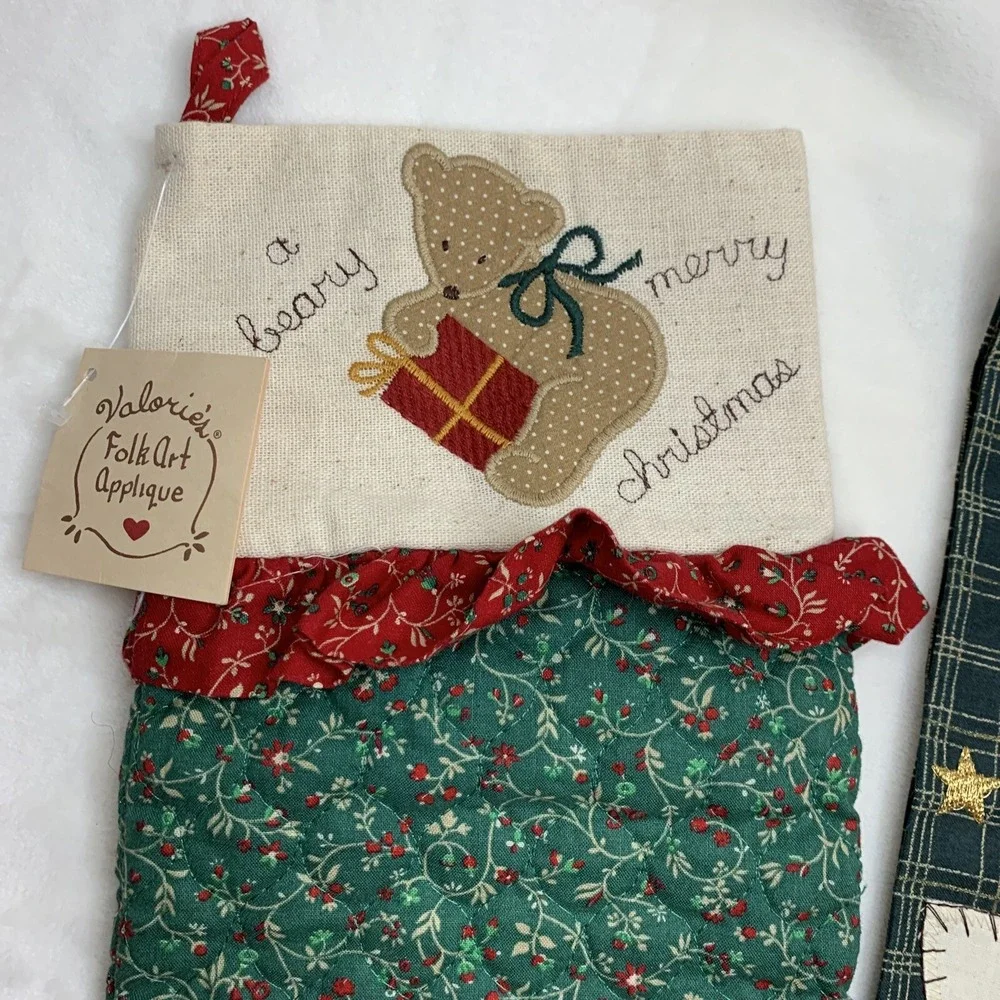Vtg Valorie's Folk Art Appliqué Red Green Christmas Stockings & Angel Hand Towel
